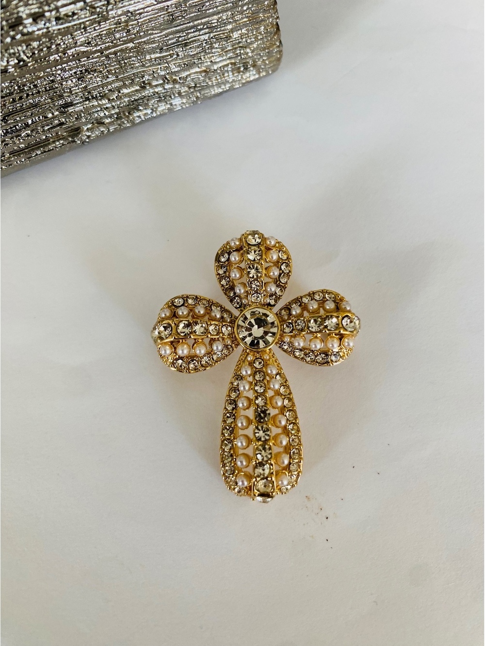 Gold Tone Cross Brooch with Pearls and Rhinestones